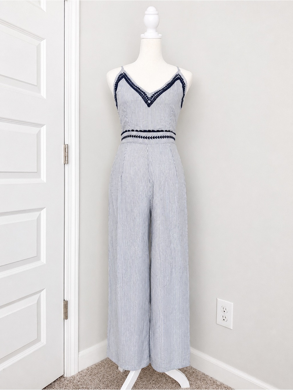 Japna Striped Wide Leg Jumpsuit Embroidered Trim XS